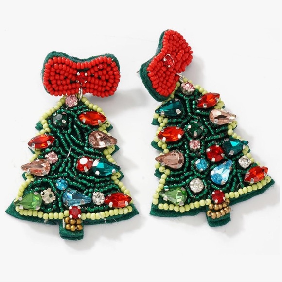 Betsey Johnson Handcrafted Christmas Tree Red Bow Beaded Drop Necklace - Picture 1 of 8